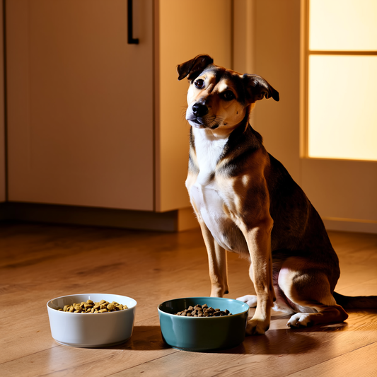 Bol cu hrană uscată de iarnă amestecată cu pudră probiotică BIO PET pentru schimbarea hranei câinelui