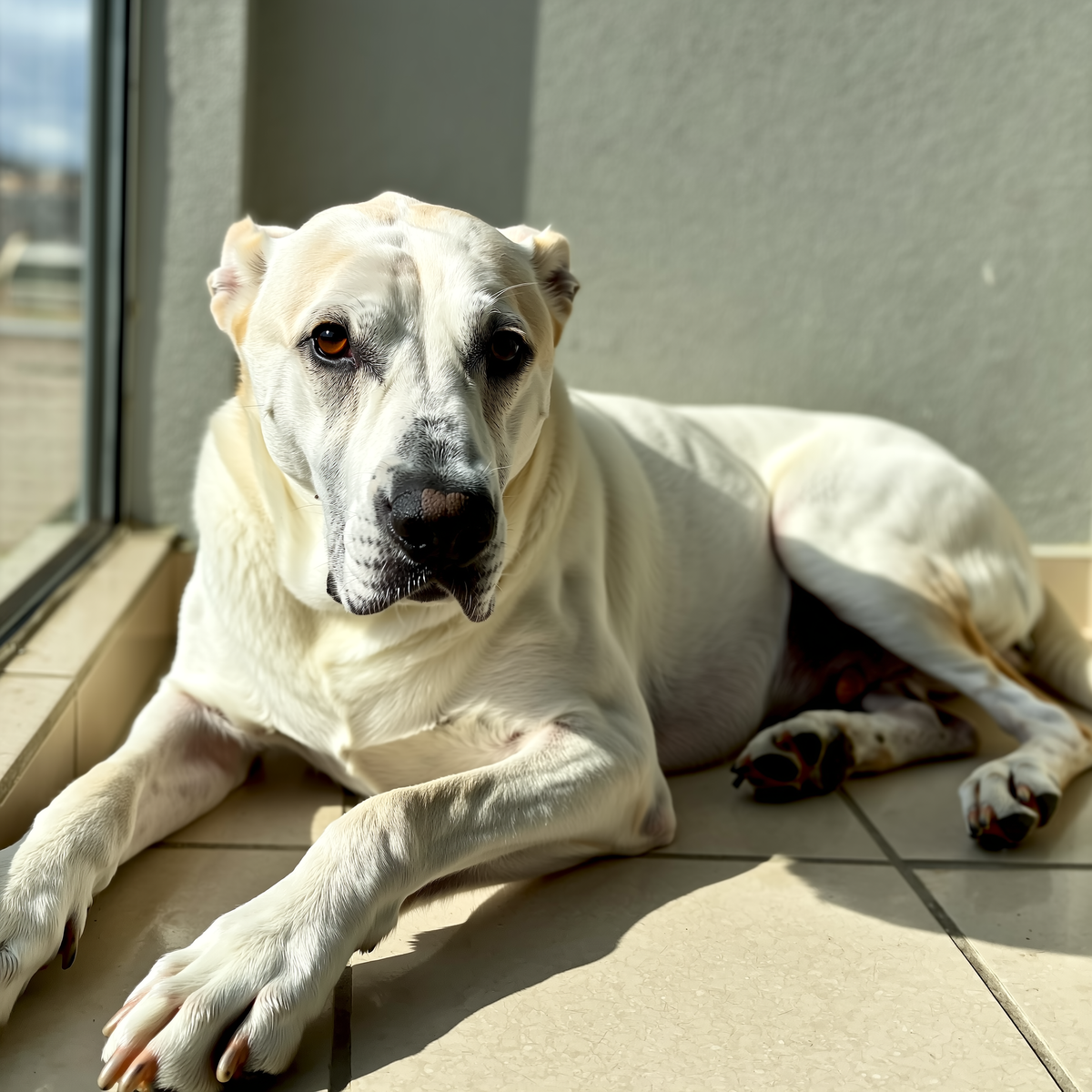 Câine mare în vârstă, posibil Kangal sau Berneză, odihnindu-se la soare
