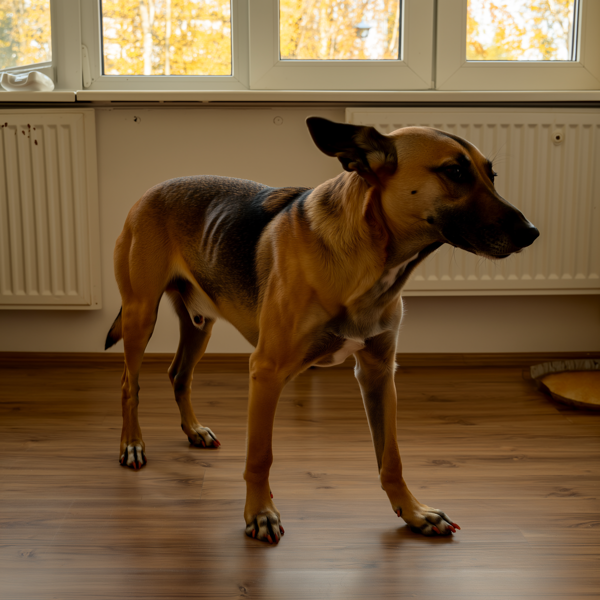 Câine cu dermatită atopică lingându-și lăbuța pe parchet, într-un apartament toamna