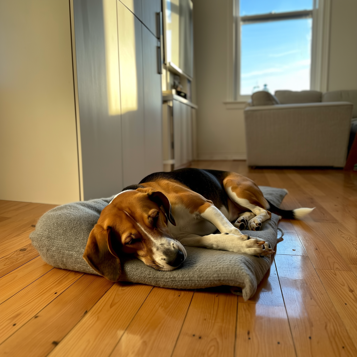 Câine de familie care doarme liniștit pe culcușul său într-o cameră liniștită, după o sesiune scurtă de antrenament.