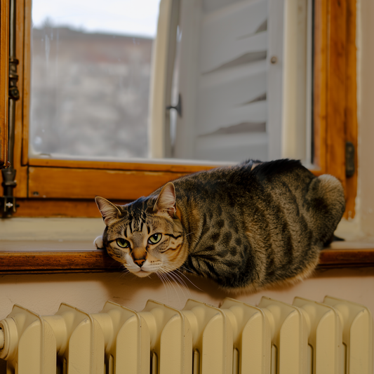 Pisică adultă stând pe un pervaz într-un apartament, privind în depărtare — ilustrație pentru studiul CatPAWS despre pisicile peste 7 ani