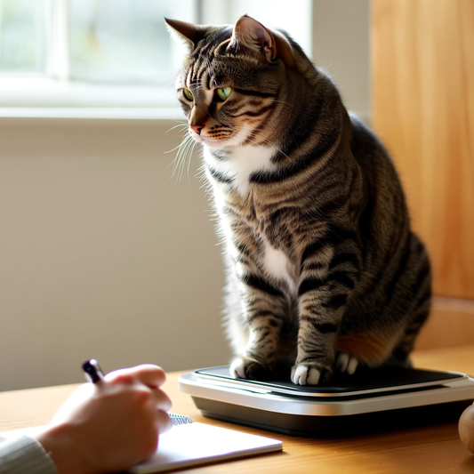 Pisică obeză cântărită pe o balanță într-un cabinet veterinar, ilustrând studiul Cornell 2025 privind GLP-1 săptămânal.