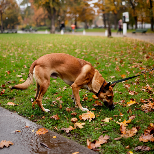 Câine care adulmecă iarba lângă o ciupercă într-un parc de toamnă