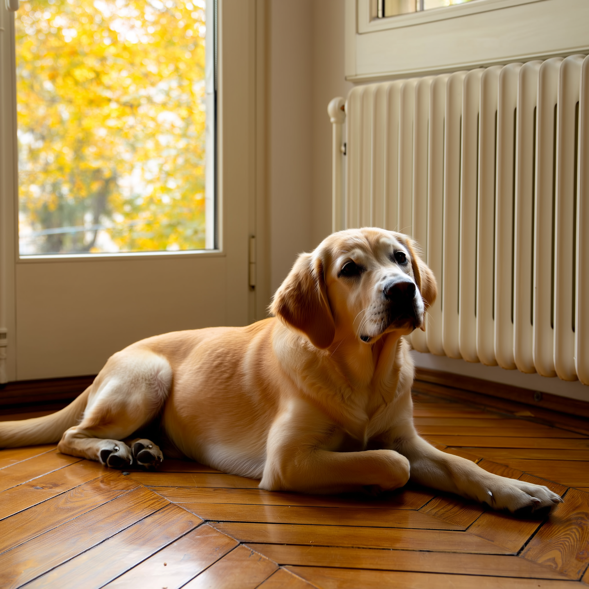 Golden Retriever de 8 ani cu blană lucioasă așezat lângă o sticluță de ulei de somon pe masa din bucătărie