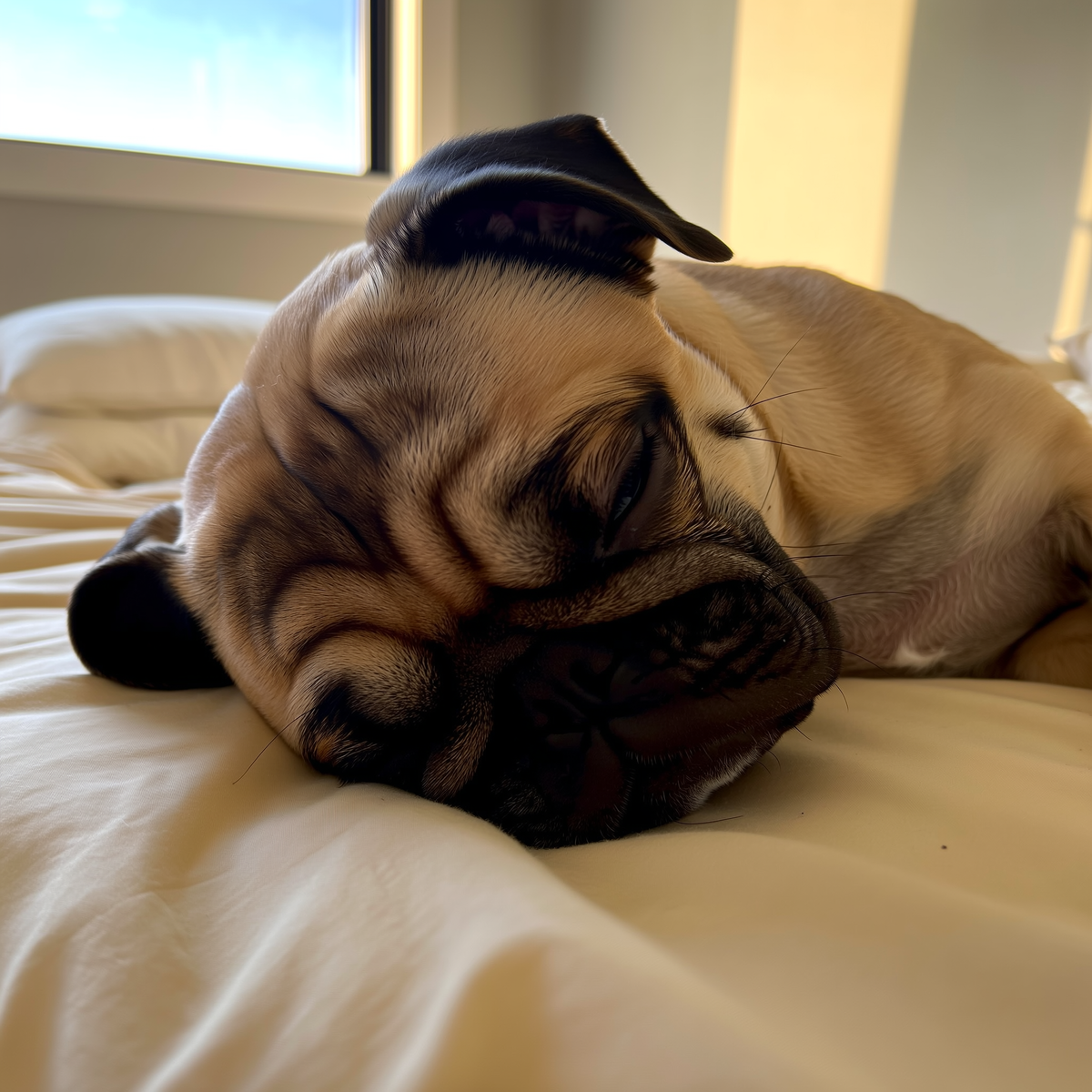 Mops care doarme pe un pat moale, cu capul ușor întins pe o margine ridicată