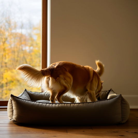 Câine labrador culcat pe un pat ortopedic cald lângă fereastra toamnei, cu lumină moale pe articulațiile șoldurilor.
