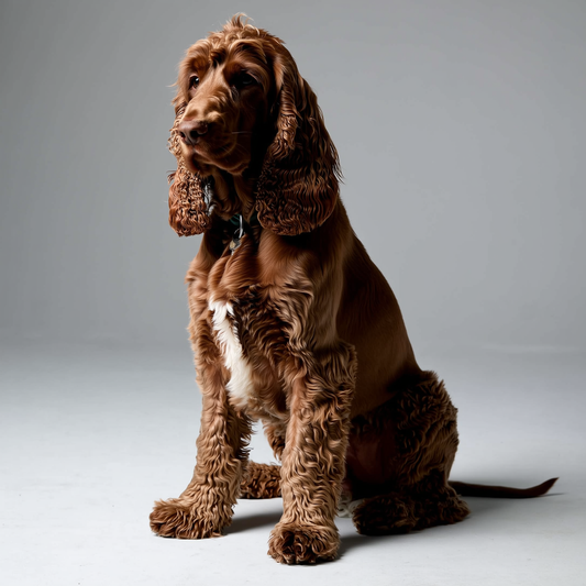 Un cockapoo creț și un cavapoo mic stau unul lângă altul pe iarbă verde, în lumină naturală caldă.
