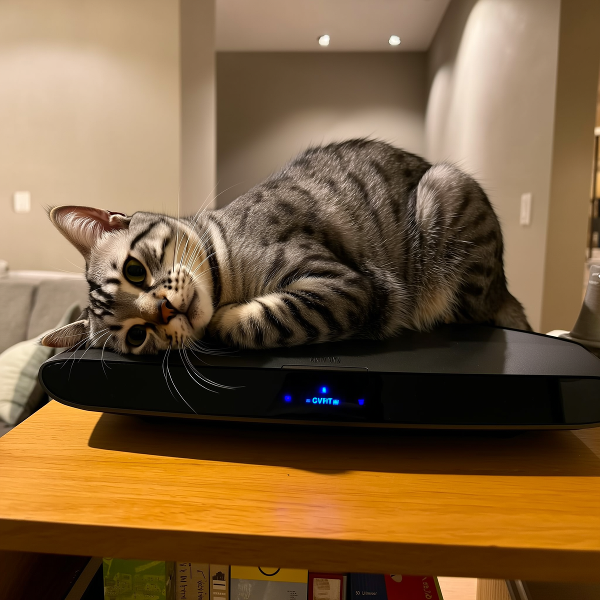 Pisică tigrată ghemuită pe un router WiFi cu LED-uri aprinse, în living, iarna