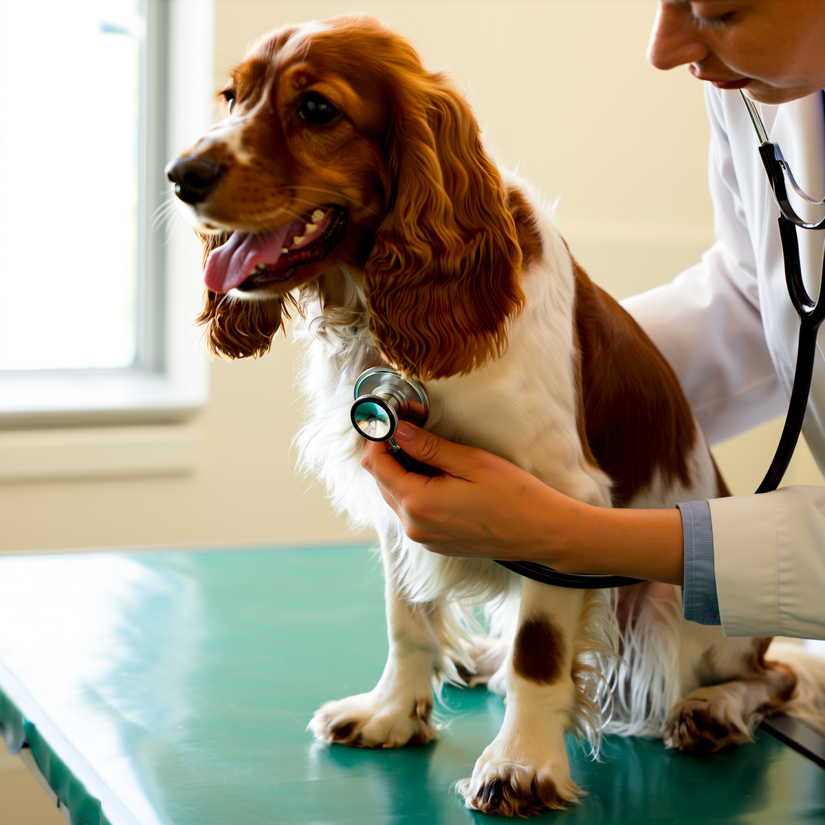 Câine de rasă mică examinat cu stetoscopul de un medic veterinar cardiolog
