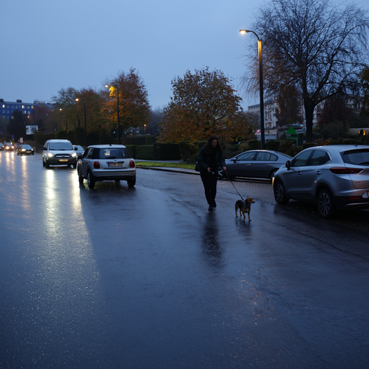 Câine negru pe o stradă rezidențială udă la amurg, cu zgardă reflectorizantă
