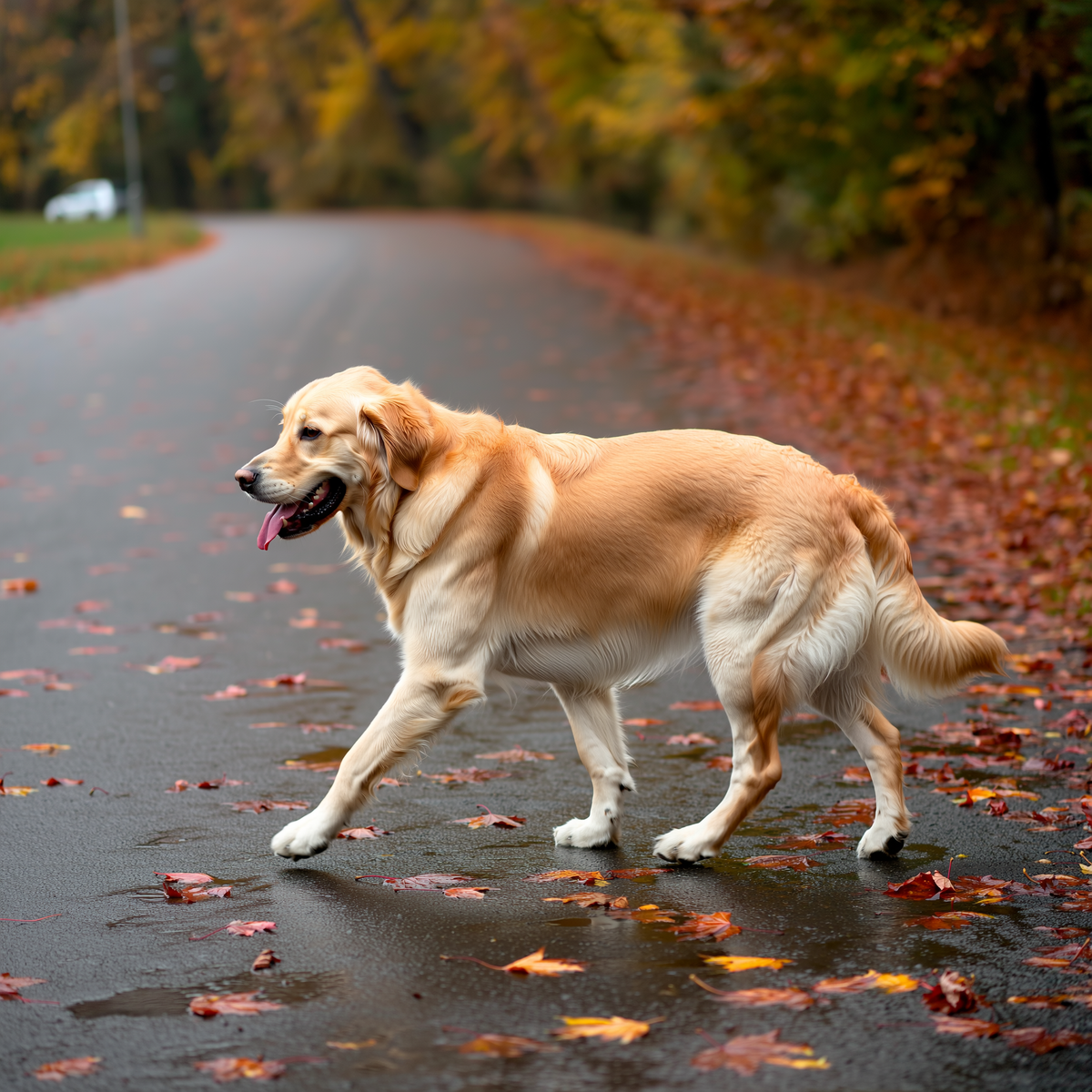 Un mops și un golden retriever stau alături pe iarbă acoperită de frunze de toamnă într-un parc