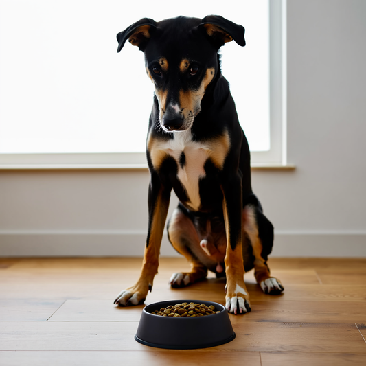 Câine atent care privește spre stăpân într-un test cognitiv smartDOG cu cutie și recompensă