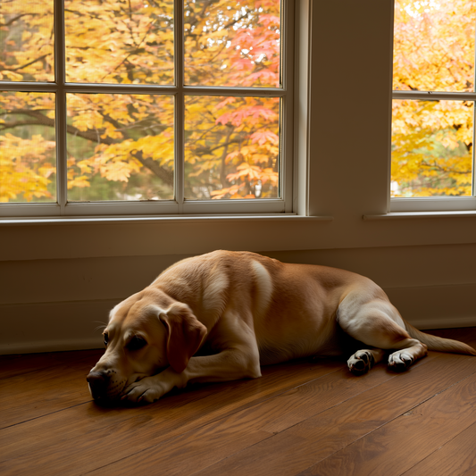 Câine care așteaptă lângă castronul său la fereastra luminată de dimineață