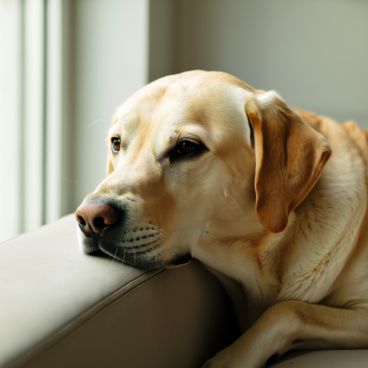 Labrador galben întins pe iarbă, cu silueta ficatului conturată discret