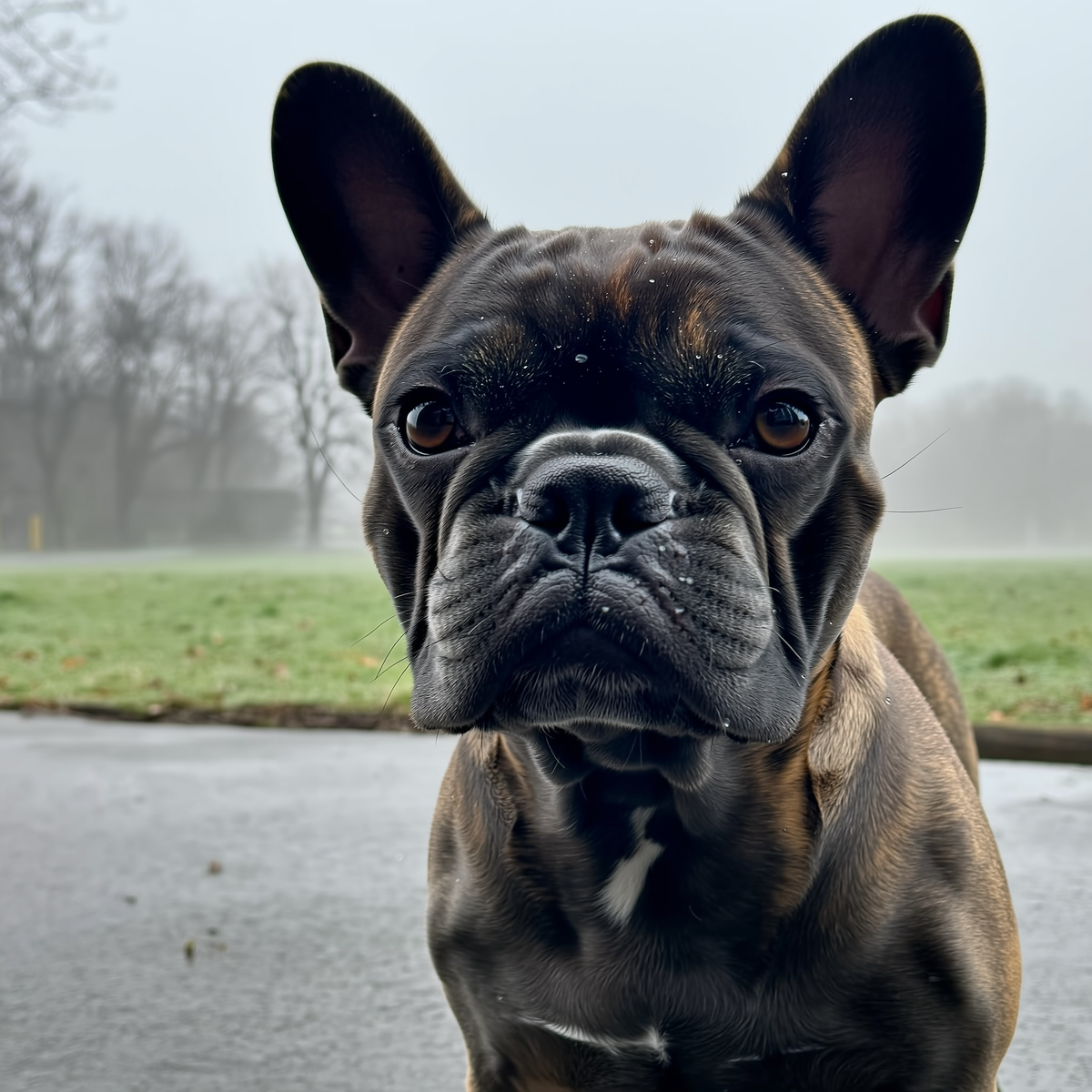 Buldog francez pe o alee rece, cu respirație vizibilă în aerul de iarnă