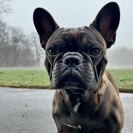 Buldog francez pe o alee rece, cu respirație vizibilă în aerul de iarnă