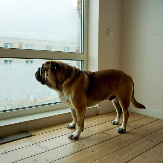 Câine mare pe podeaua rece dintr-un apartament, întinzându-se la primii pași de dimineață