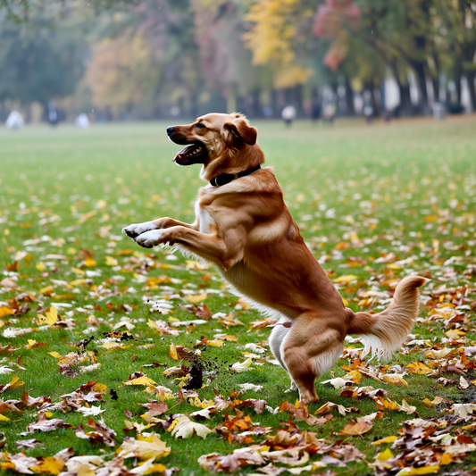 Câine care scurmă iarba cu labele posterioare într-un parc de toamnă din Sofia