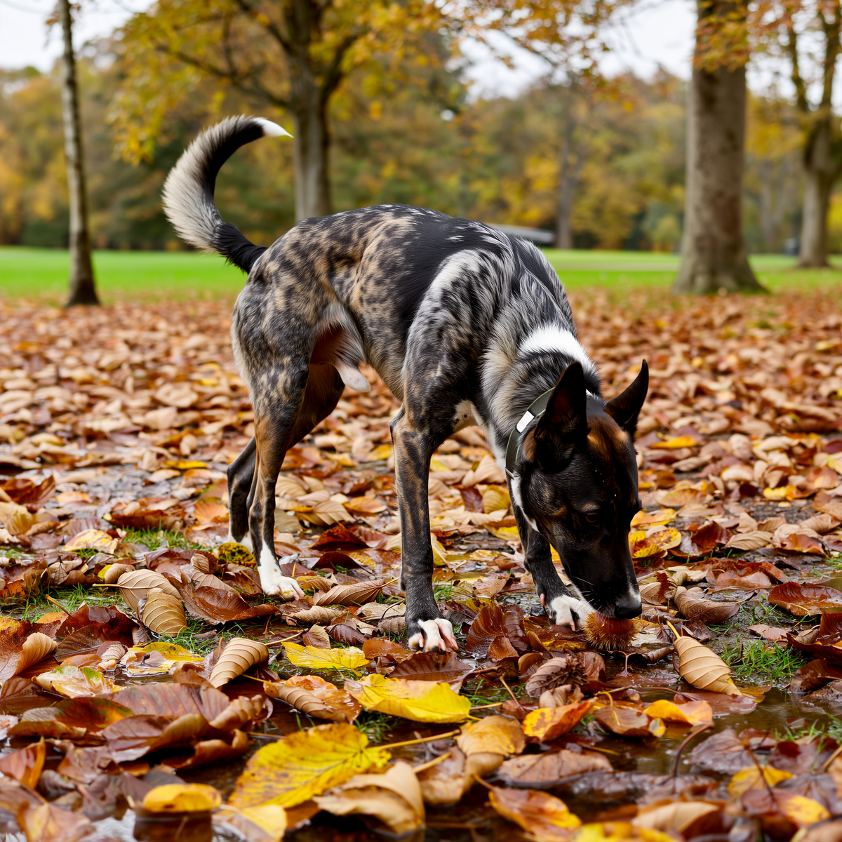 Câine care aduce o castană de toamnă dintr-un parc