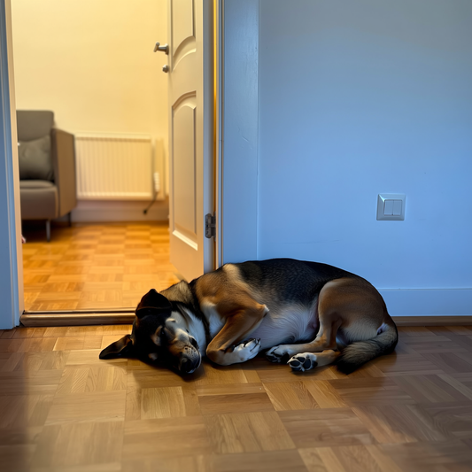 Câine culcat pe pragul dintre două camere, lângă gresia răcoroasă, în timp ce caloriferul funcționează