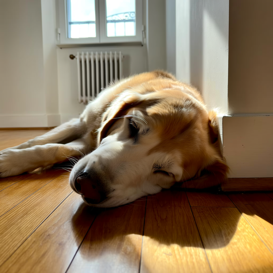 Câine dormind cu botul lipit de perete lângă un radiator cald