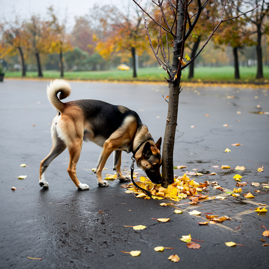 Câine mirosind un tufiș pe o alee acoperită de frunze de toamnă