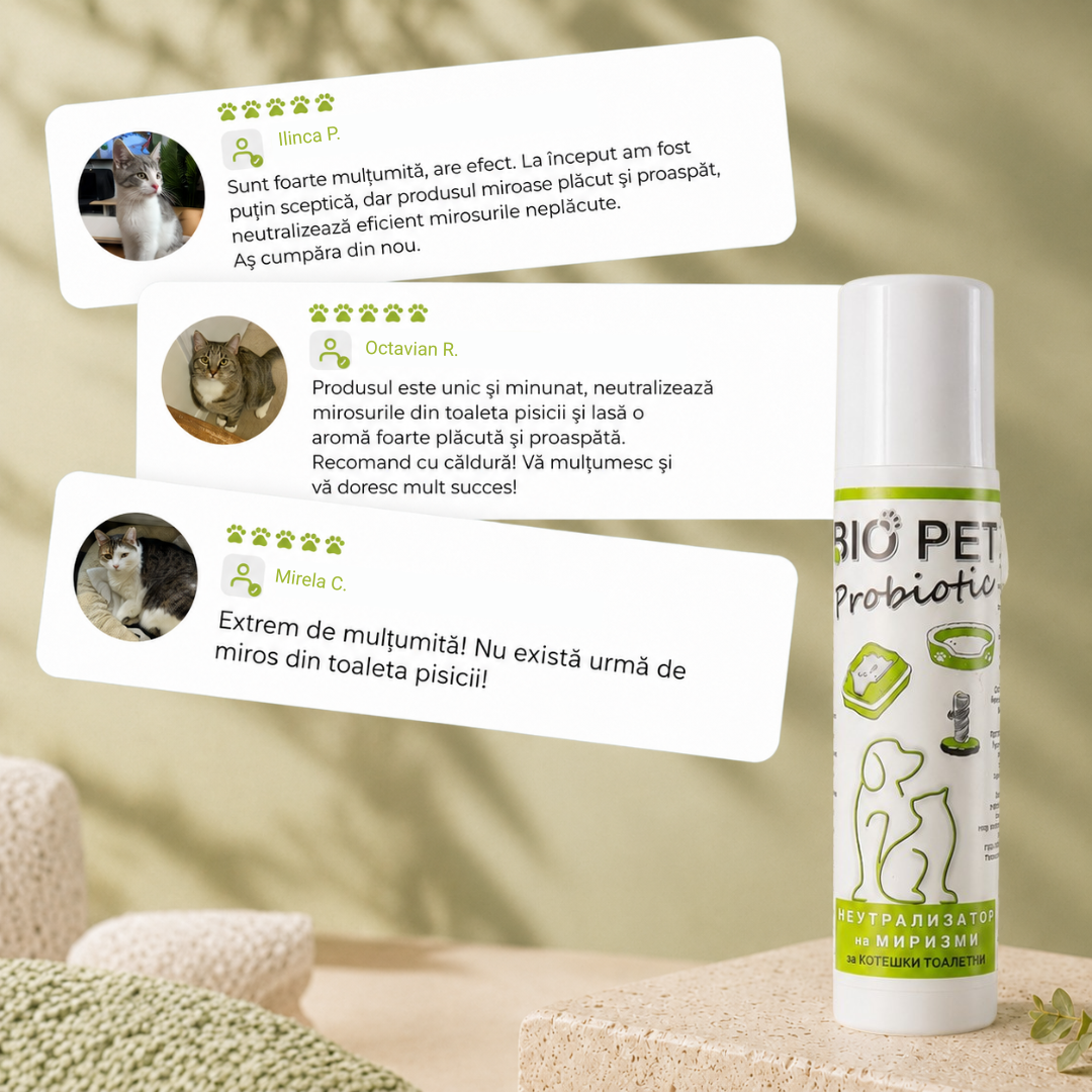 Spray probiotic neutralizator de mirosuri pentru litiera pisicilor – CADOU!