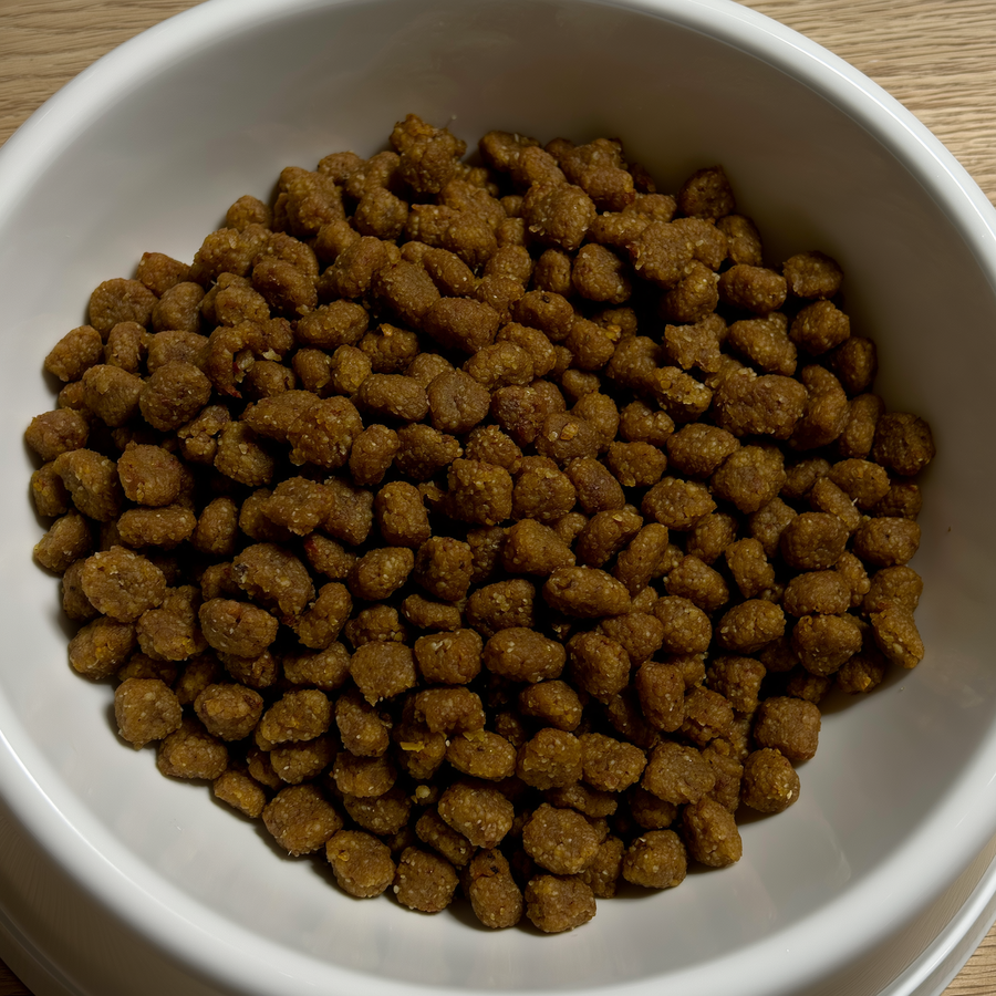 Bol cu hrană uscată de iarnă amestecată cu pudră probiotică BIO PET pentru schimbarea hranei câinelui