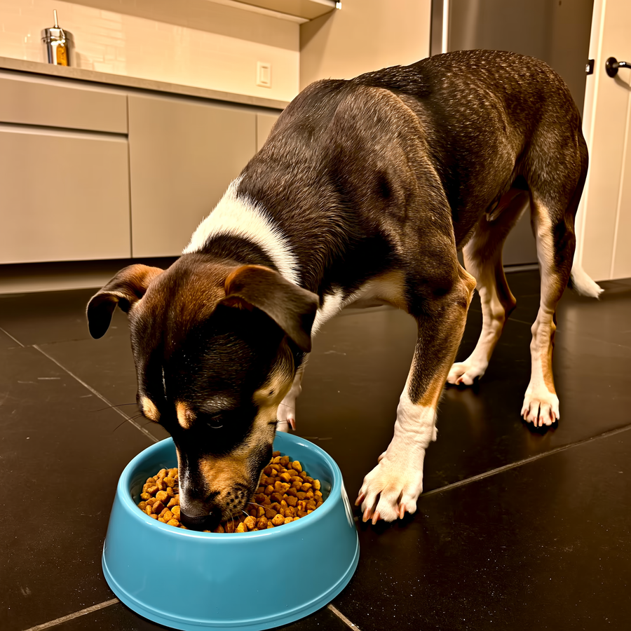 Bol cu hrană uscată de iarnă amestecată cu pudră probiotică BIO PET pentru schimbarea hranei câinelui