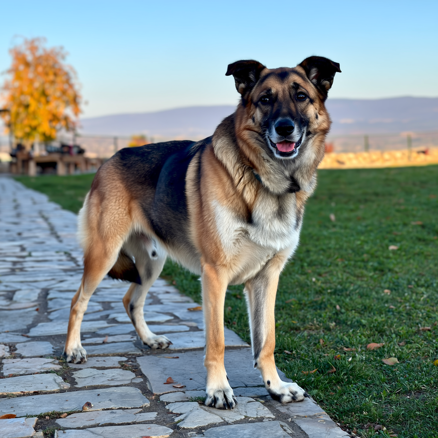 Câine mare în vârstă, posibil Kangal sau Berneză, odihnindu-se la soare
