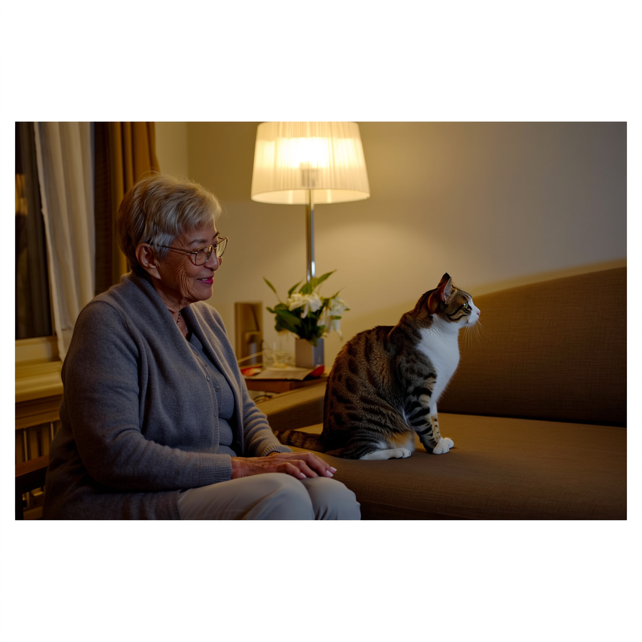 Pisică bătrână de peste 15 ani odihnindu-se ghemuită pe o pătură