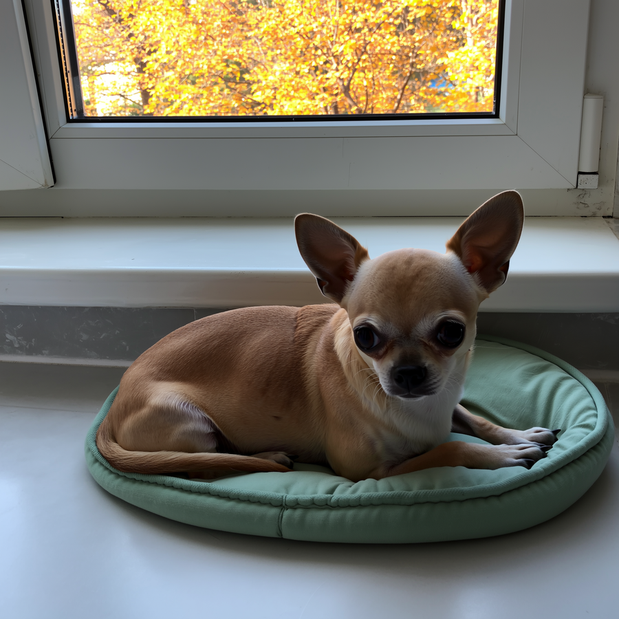 Chihuahua învelit într-o pătură pe canapea, într-o cameră la 19°C