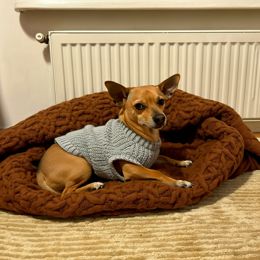Chihuahua învelit într-o pătură pe canapea, într-o cameră la 19°C