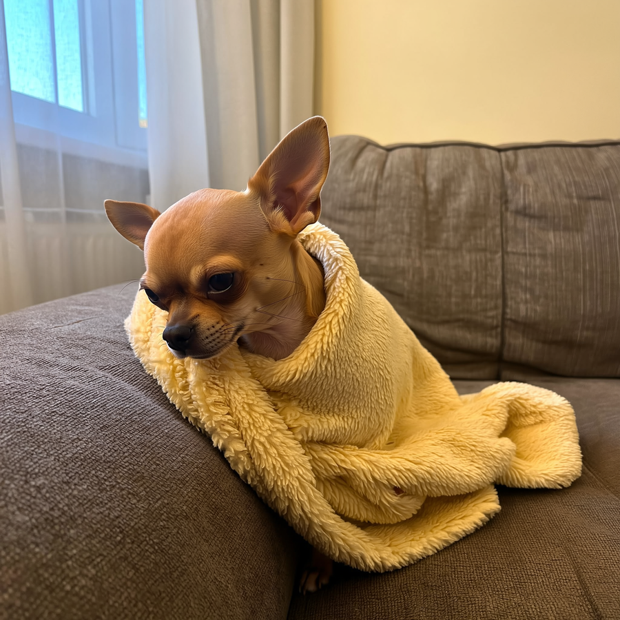 Chihuahua învelit într-o pătură pe canapea, într-o cameră la 19°C