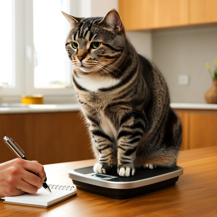 Pisică obeză cântărită pe o balanță într-un cabinet veterinar, ilustrând studiul Cornell 2025 privind GLP-1 săptămânal.