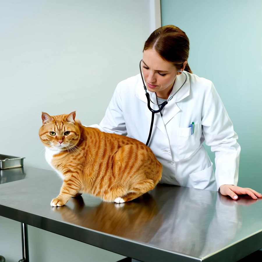 Pisică obeză cântărită pe o balanță într-un cabinet veterinar, ilustrând studiul Cornell 2025 privind GLP-1 săptămânal.