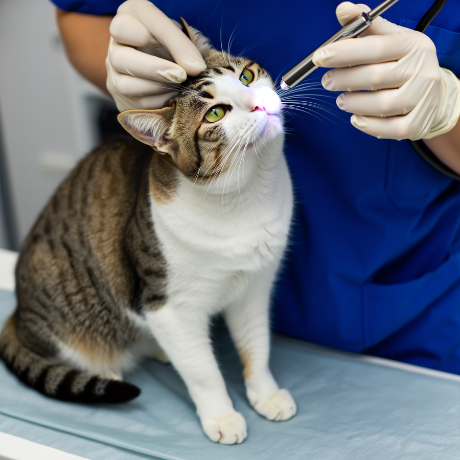 Pisică obeză cântărită pe o balanță într-un cabinet veterinar, ilustrând studiul Cornell 2025 privind GLP-1 săptămânal.
