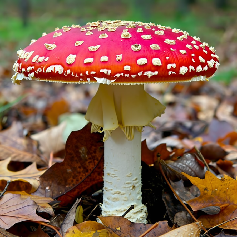 Câine care adulmecă iarba lângă o ciupercă într-un parc de toamnă