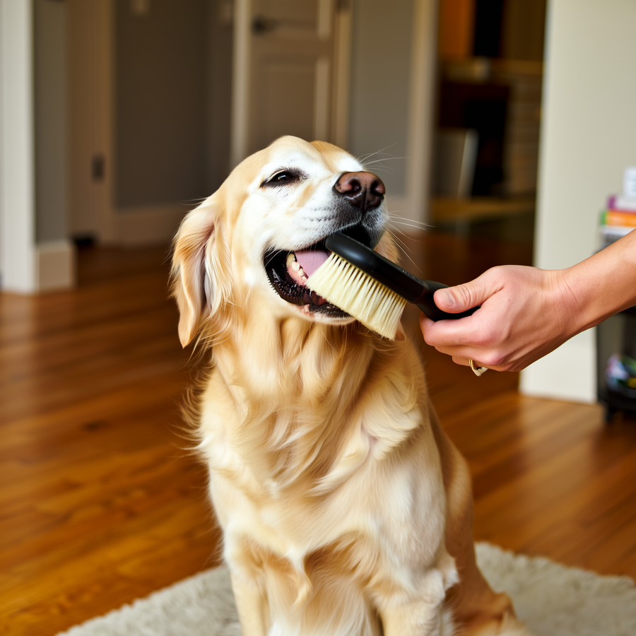 Golden Retriever de 8 ani cu blană lucioasă așezat lângă o sticluță de ulei de somon pe masa din bucătărie