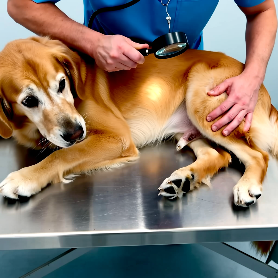 Golden Retriever de 8 ani cu blană lucioasă așezat lângă o sticluță de ulei de somon pe masa din bucătărie