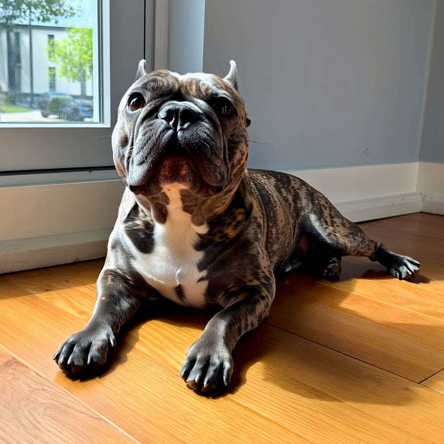 Mops care doarme pe un pat moale, cu capul ușor întins pe o margine ridicată