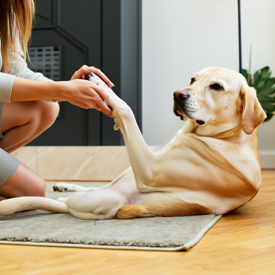 Câine labrador culcat pe un pat ortopedic cald lângă fereastra toamnei, cu lumină moale pe articulațiile șoldurilor.