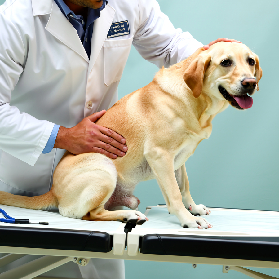 Câine labrador culcat pe un pat ortopedic cald lângă fereastra toamnei, cu lumină moale pe articulațiile șoldurilor.