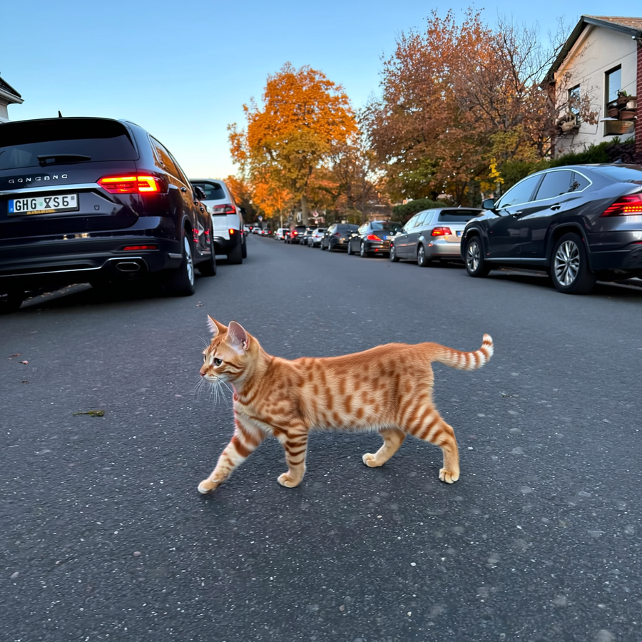 Pisică tărcată traversând o stradă pe asfalt cu frunze de toamnă căzute la amurg
