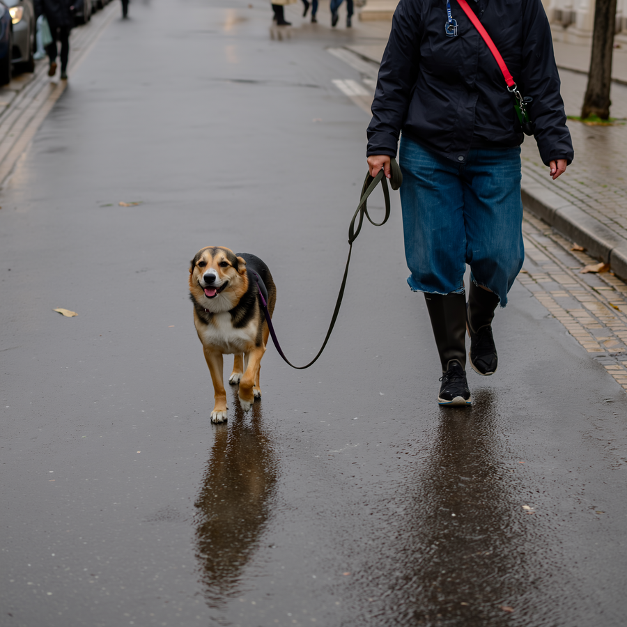 Câine adulmecând atent o anvelopă de iarnă proaspăt montată într-o parcare din cartier