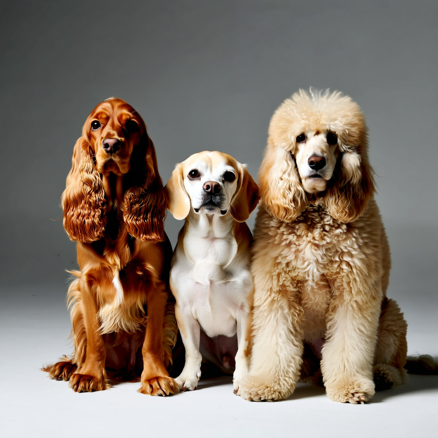 Un cockapoo creț și un cavapoo mic stau unul lângă altul pe iarbă verde, în lumină naturală caldă.