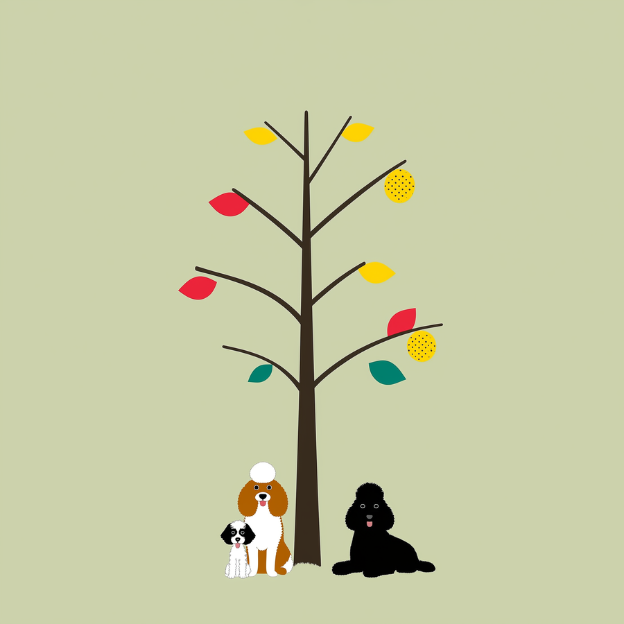 Un cockapoo creț și un cavapoo mic stau unul lângă altul pe iarbă verde, în lumină naturală caldă.