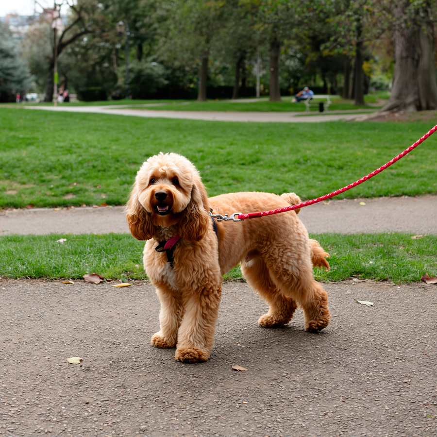 Un cockapoo creț și un cavapoo mic stau unul lângă altul pe iarbă verde, în lumină naturală caldă.