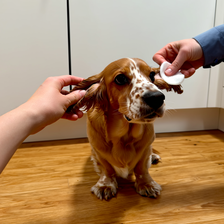 Un cockapoo creț și un cavapoo mic stau unul lângă altul pe iarbă verde, în lumină naturală caldă.