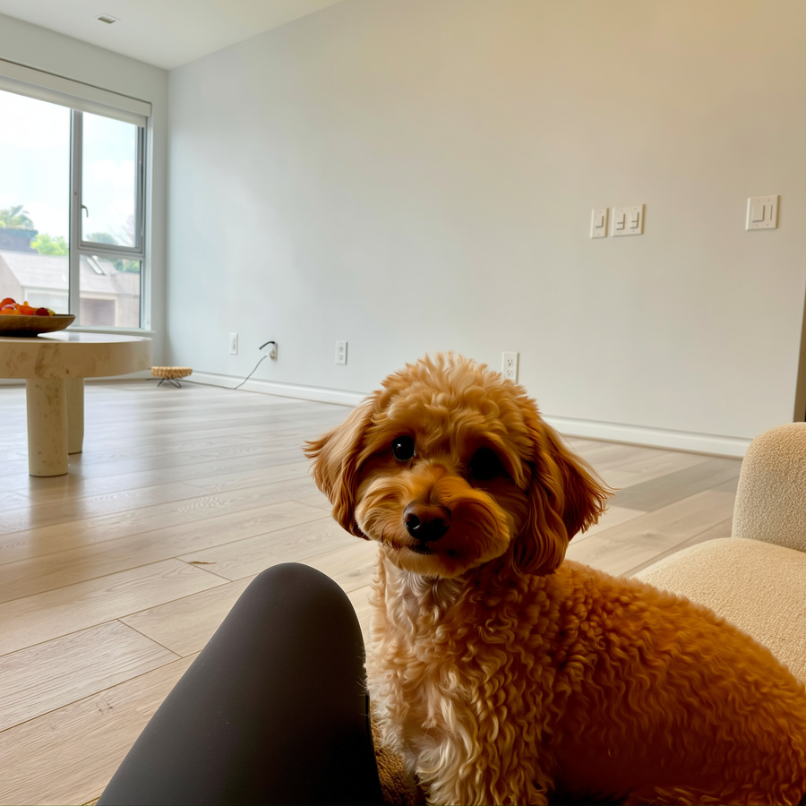Un cockapoo creț și un cavapoo mic stau unul lângă altul pe iarbă verde, în lumină naturală caldă.